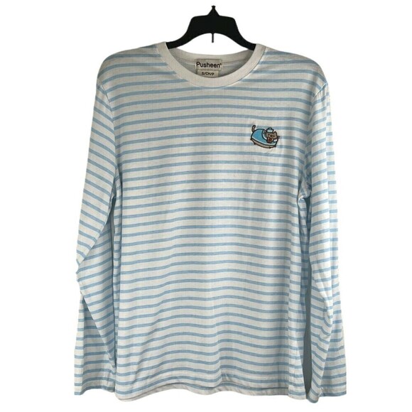 Pusheen Cat T-shirt L/S Loose Fit Blue & White Stripe Size Small Crew Neck EUC - Picture 6 of 6